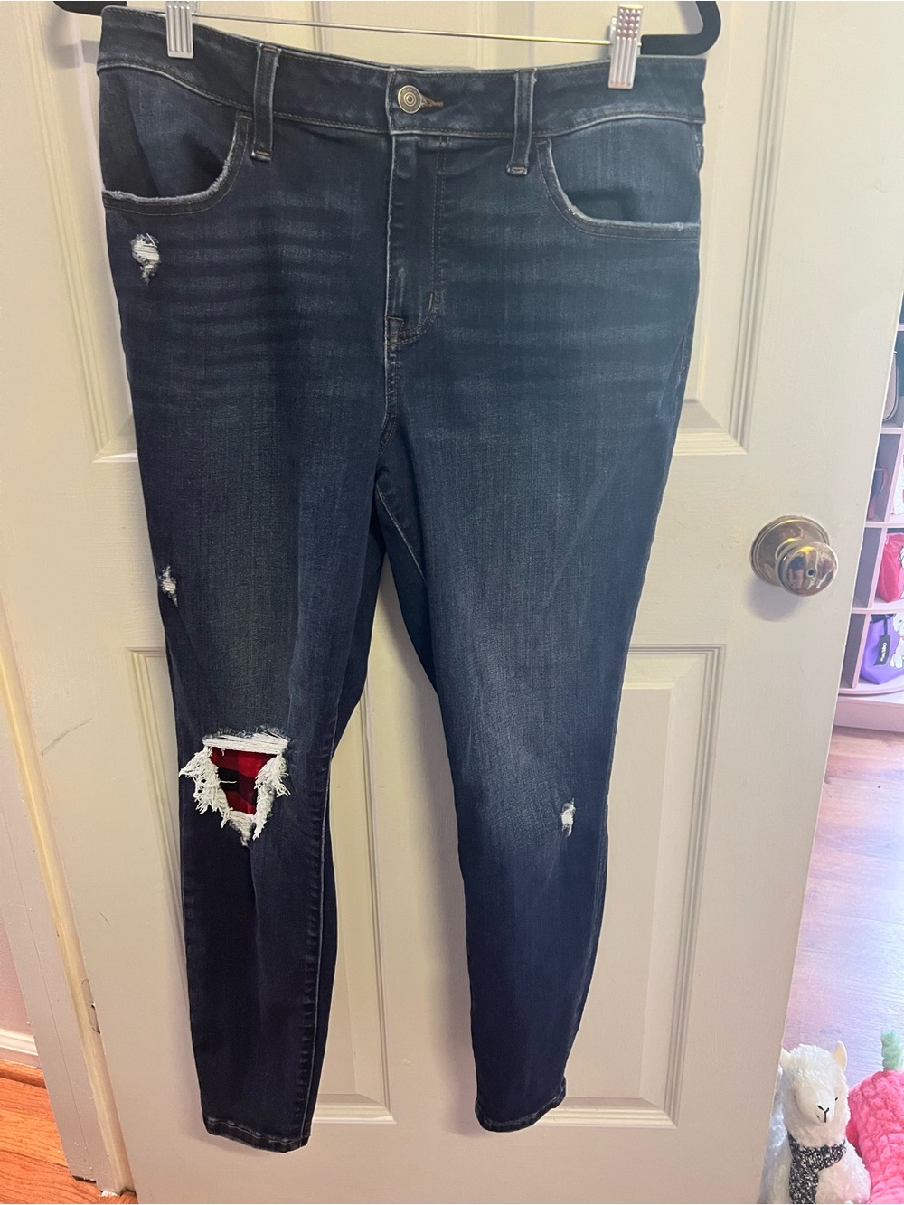 Women’s Skinny Distressed Jeggings with Red Buffalo Plaid Patch, high rise